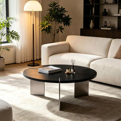 Round Coffee Table, Black Oak Top & Metal Feet