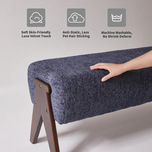 Chenille Upholstered Bench with Solid Wood Legs, Entryway Ottoman
