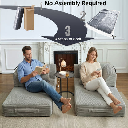 Light-Gray 5-in-1 Convertible Corduroy Sleeper Floor Sofa-Bed Reinforced-Metal-Frame 800LB Capacity No-Assembly
