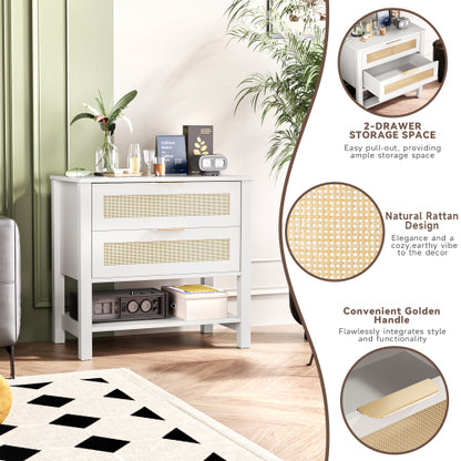 White Rattan 2-Drawer Nightstand with Shelf, Boho Style