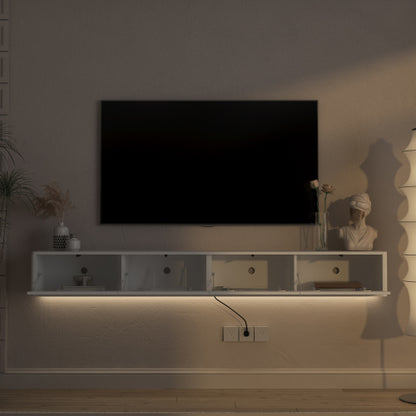 White Floating Wall Mount High Gloss TV Stand with 16 Color LED Lights & Power Outlet