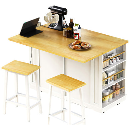 48inch Kitchen Island with 2 Bar Stools, Power Outlet, Door Internal Storage Rack, Kitchen Storage Cart on 5 Wheels with Drop Leaf, 5 Side Racks, 2 Drawers,White