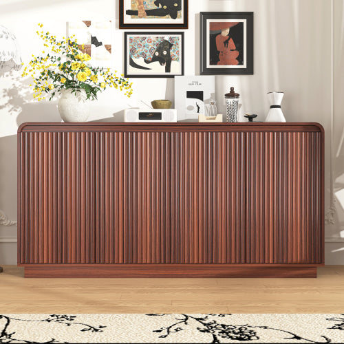 Walnut Handleless Fluted 4-Door TV Stand Built-In Power Outlet Adjustable 3-Tier Storage Cabinet Up To 85 Inch TV