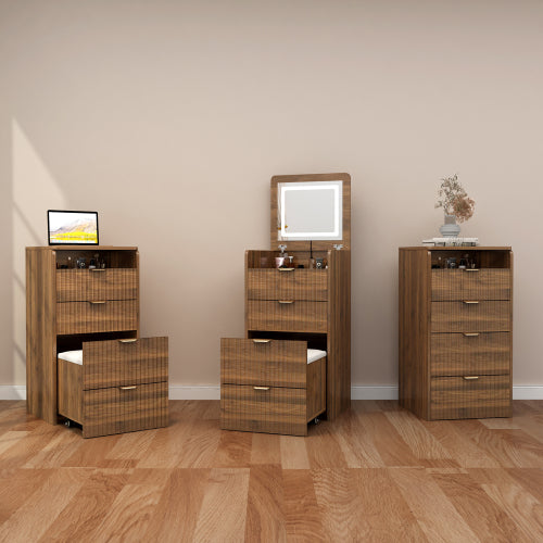 Walnut 3?in?1 Flip?Top Vanity Desk with Rolling Stool, LED Lights & Fluted Drawer