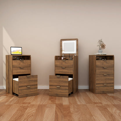 Walnut 3?in?1 Flip?Top Vanity Desk with Rolling Stool, LED Lights & Fluted Drawer