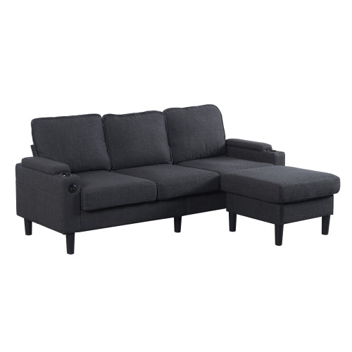 Dark-Grey L-Shaped Sectional 3-Seat Combo Sofa with Storage Ottoman USB Ports Cup-Holders for Living Room Apartment
