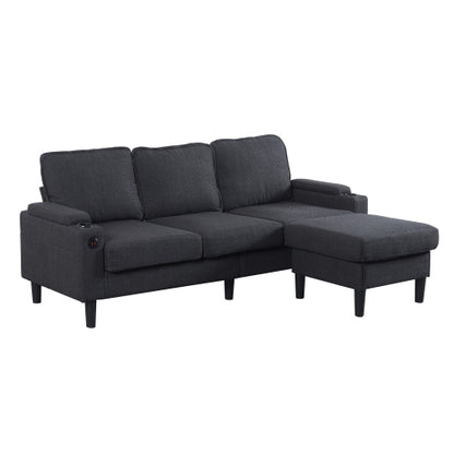 Dark-Grey L-Shaped Sectional 3-Seat Combo Sofa with Storage Ottoman USB Ports Cup-Holders for Living Room Apartment