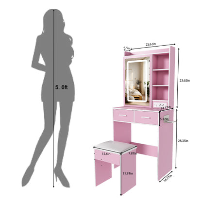 Pink Small LED Vanity Desk, Built in USB?AC Outlet, Hair Dryer Stand, Hidden Storage & Padded Stool