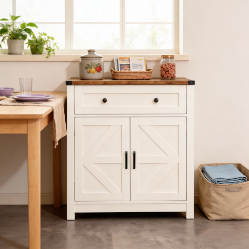 White & Wood-Grain Top Farmhouse Barn-Door Storage Cabinet, Coffee Bar Buffet Sideboard with Drawer for Kitchen & Living Room