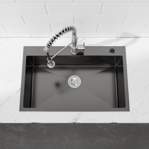Stainless Steel Kitchen Sink, 30″x19″ Single Bowl, Overmount Handmade Sink in Black, with US Standard Drain and Hook
