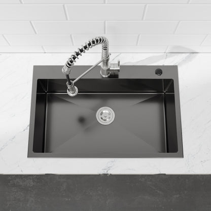 Stainless Steel Kitchen Sink, 30″x19″ Single Bowl, Overmount Handmade Sink in Black, with US Standard Drain and Hook