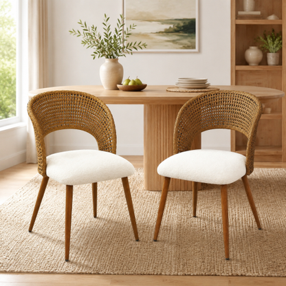 Curved PE Rattan Dining Chairs with Teddy Cushions, Set of 2, Beige/Brown