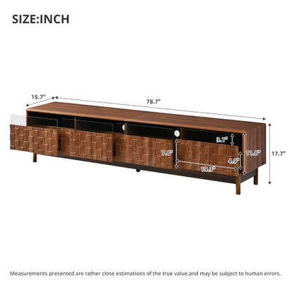78.7 inch Walnut LED Light Glass Drawer TV Stand Solid Rubber Wood Leg Console Holds 85 inch TV