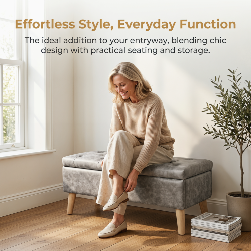 32 Inch Square Storage Ottoman Bench with Built-in Tray, Upholstered Footrest, Modern Multi-Functional End of Bed Bench