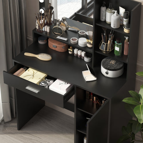 Black Vanity Desk with Mirror & Light, 12 LED Bulbs, Large Drawer, 3 Shelves & 3-Level Cabinets, 3 Lighting Modes