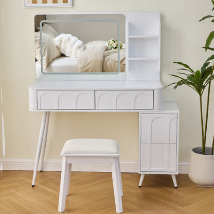 White Modern Vanity Desk Set, Fluted Wave Panel, 3 Color Dimmable LED Mirror, Adjustable Side Cabinet & PU Stool