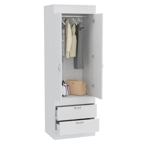 Armoire, Rod, Double Door, Two Drawers, Metal Handles White