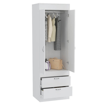 Armoire, Rod, Double Door, Two Drawers, Metal Handles White
