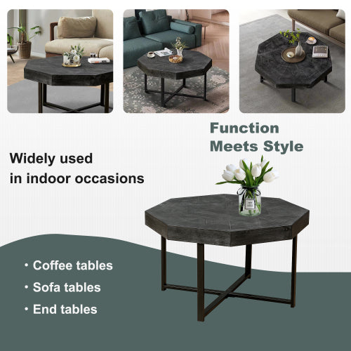 30 Inch Octagonal Patchwork Coffee Table, Antique Black