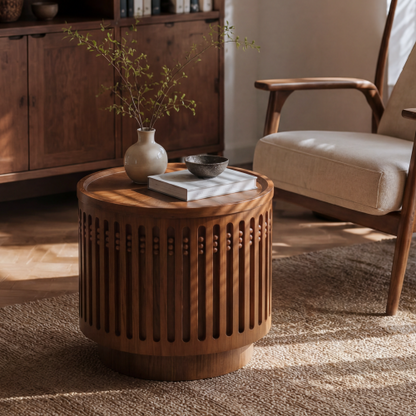 18.9inch  Round Wooden Side Table Walnut Lattice Storage End Table Boho Accent Table