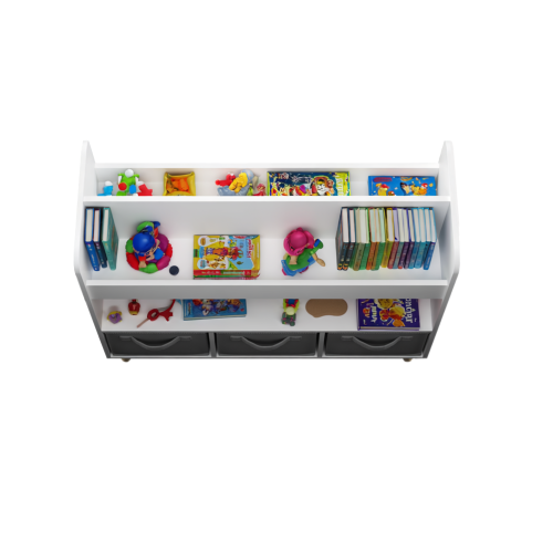 White Gray Kids Bookshelf With 3 Removable Fabric Bins Toy Book Organizer
