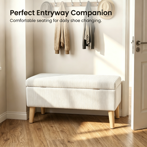 32 inch Beige Corduroy Storage Ottoman Bench with Flip Top