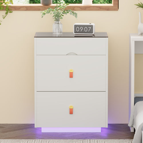 3-Drawer 30'' Nightstand with  LED Light, Modern Nightstand with 3 Storage Drawers, Bedside Table with Glass Top Jewelry Storage and Faux Leather Handles for Bedroom, Livingroom, Cloakroom, White