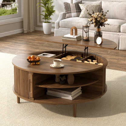 Round Lift Top Coffee Table Storage Sliding Door Pine Wood Legs Modern Wood Wave Design