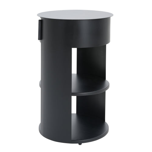 3-Tier Metal Round Side Table with Cabinet, Matte Black