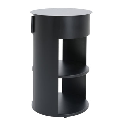 3-Tier Metal Round Side Table with Cabinet, Matte Black