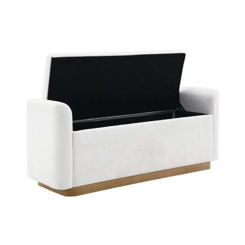 49 Inch Beige Storage Ottoman Bench, Chenille Upholstered Entry Bench with Safety Hinge, 350 LBS Capacity Wood & Gold Metal Frame