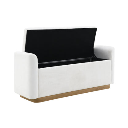 49 Inch Beige Storage Ottoman Bench, Chenille Upholstered Entry Bench with Safety Hinge, 350 LBS Capacity Wood & Gold Metal Frame