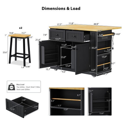 48inch Kitchen Island with 2 Bar Stools, Power Outlet, Internal Storage Rack, Kitchen Storage Cart on 5 Wheels with Drop Leaf, 5 Open Side Racks, Drawers, Black (Old SKU N707S000015B)(Three Packages)