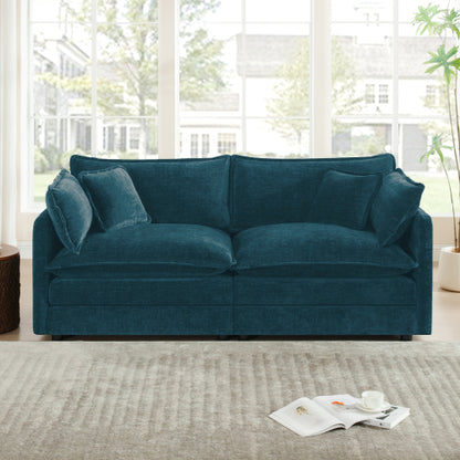 Blue Chenille Modern Deep-Seat Loveseat Sofa with 4 Throw Pillows