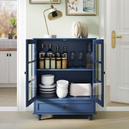 Vintage Blue Buffet Cabinet with Glass Doors Drawer and Adjustable Shelves
