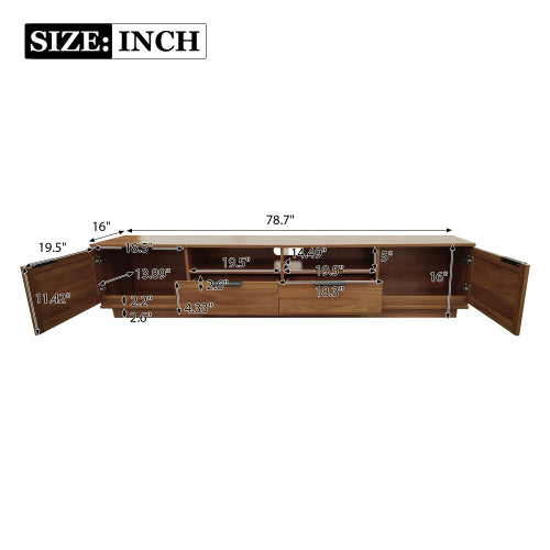 78.74 inch Walnut 2 Rattan Door 2 Drawer Legless TV Stand Open Shelf Media Console Supports 85 inch TV