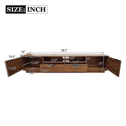 78.74 inch Walnut 2 Rattan Door 2 Drawer Legless TV Stand Open Shelf Media Console Supports 85 inch TV