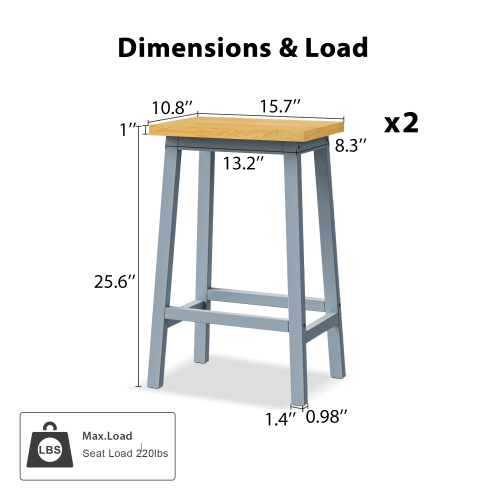 Set of 2 Grey Blue Solid Wood A-Frame Counter Bar Stools, 25.6 inch  Height, Footrest, 220lbs Capacity for Kitchen Island