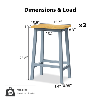 Set of 2 Grey Blue Solid Wood A-Frame Counter Bar Stools, 25.6 inch  Height, Footrest, 220lbs Capacity for Kitchen Island