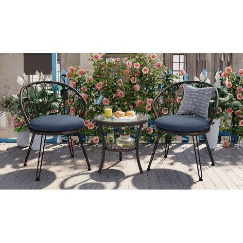U_STYLE Outdoor Leisure Set, 2 Rattan Single Chairs with A Glass Round Table, Perfectly Suited for Patios, Balconies, and Courtyards
