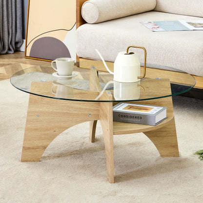 31.5 Inch Round Tempered Glass Coffee Table, Fan-Shaped Wood Grain Pedestal Table for Living Room & Office