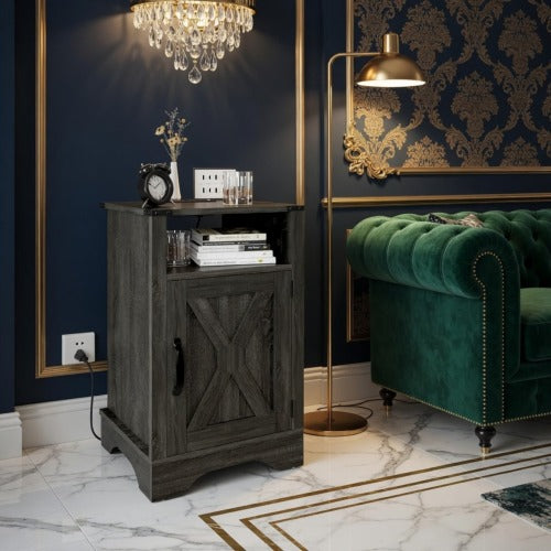 16inch Dark Grey Farmhouse Nightstand with Charger