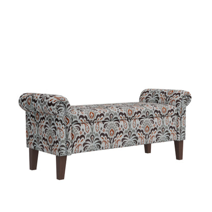 Traditional Rolled Arm Storage Bench Otttoman with Pewter Nailhead Trim in Amber Damask Pattern with Dark Brown Solid Wood Legs