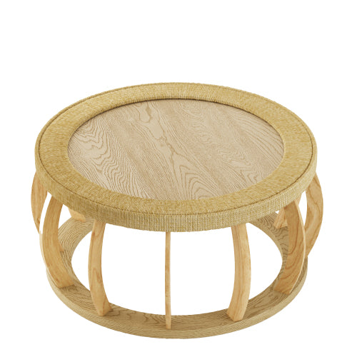 35.43inch  Round Vintage Rattan Coffee Table Solid Wood Boho Curved Leg Accent