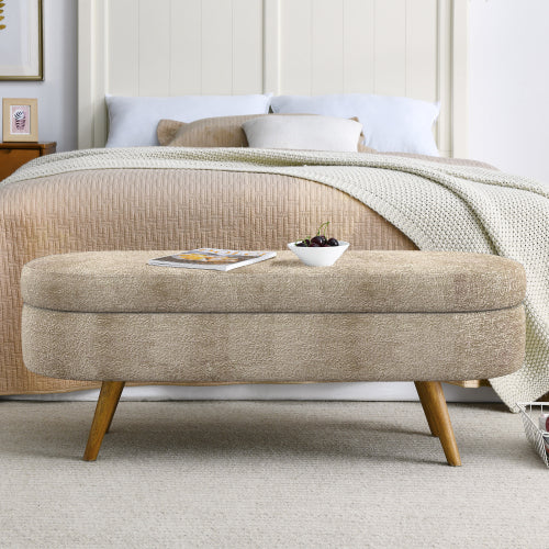 Ottoman Oval Storage Bench,Rubber Wood Legs, Gray (43.5inch x16inch x16inch )Brown