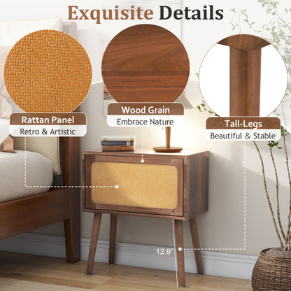 Rattan Nightstand with Hidden Storage Compartment, Mid Century Modern Bedside Table with Wood Legs, Walnut End Table