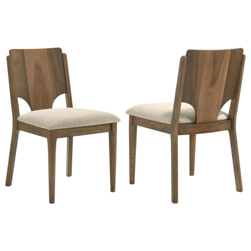Set of 2 Walnut Finish Dining Side Chairs, Wood Frame Chairs with Wedge Cutout Back & Beige Fabric