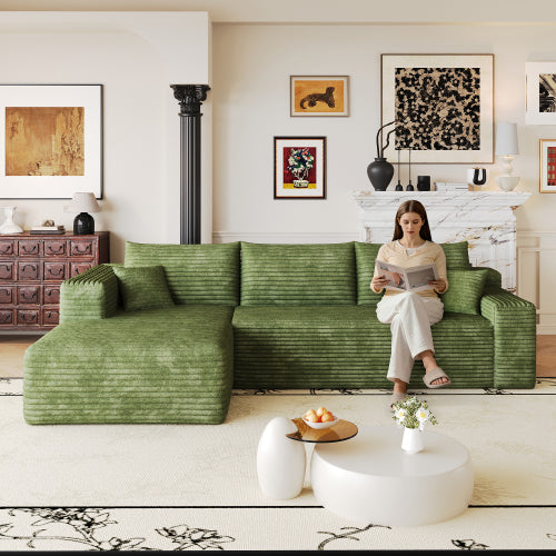 103 inch  Green Plush Corduroy L-Shape Cloud Modular Sofa, No Assembly