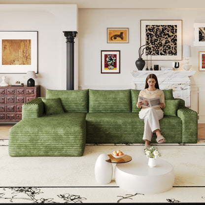 103 inch  Green Plush Corduroy L-Shape Cloud Modular Sofa, No Assembly