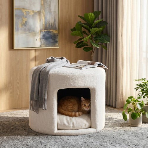 23.6 inch Round Beige Pet-Friendly Ottoman with Hidden Pet Nook, Acacia Legs, 220 LBS Weight Capacity